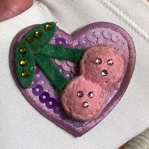 Tarina Tarantino Vintage Heart Cherry Rhinestone Sequinned Felt Hair Cllip Rare!
